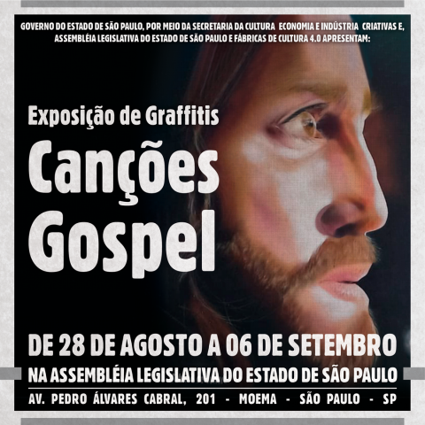 Arte com uma pintura de Jesus com o título Exposição de Graffitis Canções Gospel