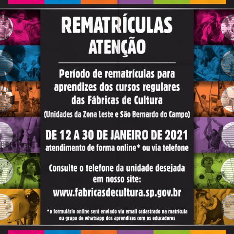 Cartaz de rematrículas com a descrição de como renovar sua inscrição com mesmo texto descrito no corpo desse informativo.