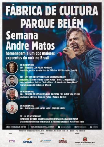 Arte com foto de Andre Matos, ao lado ainda na arte está escrito o título do evento e abaixo a programação completa