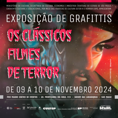 Imagem de divulgação da "Exposição de Graffitis: Os Clássicos Filmes de Terror", que ocorrerá de 9 a 10 de novembro de 2024, no Pro Magno Centro de Eventos, em São Paulo, com obras inspiradas em filmes de terror clássico.