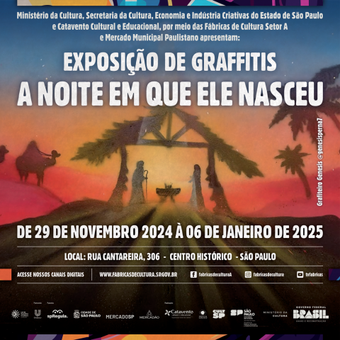 Imagem de divulgação da exposição de graffitis "A Noite em Que Ele Nasceu", que ocorrerá de 29 de novembro de 2024 a 6 de janeiro de 2025, no Mercado Municipal Paulista, localizado na Rua Cantareira, 306, no Centro Histórico de São Paulo. A exposição é uma parceria das Fábricas de Cultura com o Mercado Municipal e conta com obras do artista Genesis.