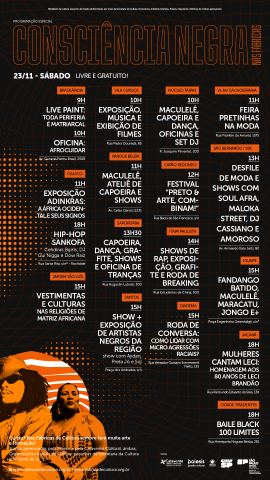 Imagem de divulgação do evento "Consciência Negra nas Fábricas", que acontecerá no dia 23 de novembro, sábado, com entrada gratuita em várias unidades das Fábricas de Cultura de São Paulo, trazendo atividades como exposições, oficinas, shows, rodas de conversa, apresentações de capoeira e maculelê, e homenagens a artistas negros.
