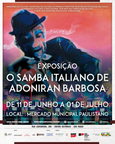 Letras brancas e o retrato de Adoniram ao fundo em grafiti com o fundo vermelho