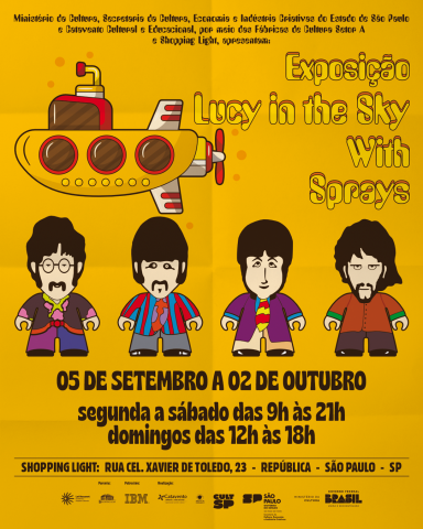 animações do beatles no fundo amarelo com letras pretas e um submarino