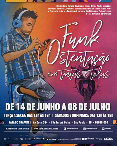 desenho de um menino de fones de ouvido com camisa xadrez e ao fundo letras brancas 