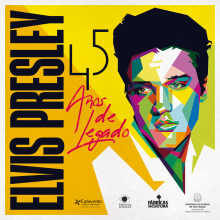 Arte com uma ilustração do Elvis Presley e título "Elvis Presley - 45 Anos de Legado"