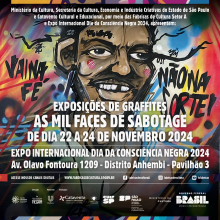Imagem de divulgação da exposição de graffitis "As Mil Faces de Sabotage", que ocorrerá de 22 a 24 de novembro de 2024, na Expo Internacional do Dia da Consciência Negra, no Distrito Anhembi, São Paulo, celebrando o legado do rapper Sabotage.