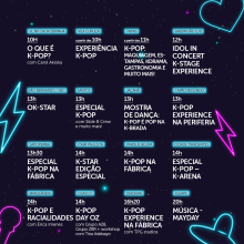 Imagem de divulgação do evento gratuito "K-Pop nas Fábricas", que acontecerá no dia 9 de novembro em várias unidades das Fábricas de Cultura de São Paulo, com atividades como palestras, shows, workshops e experiências interativas ao longo do dia.