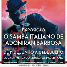 Letras brancas e o retrato de Adoniram ao fundo em grafiti com o fundo vermelho