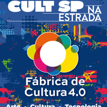 Logo Fábricas de Cultura e Cult SP na Estrada no fundo azul, com letras brancas e elementos coloridos.